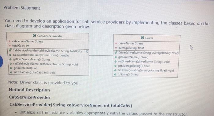 Please do in Java Provide code and screenshot Code Provided: class CabServiceProvider{