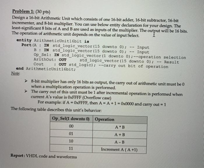 provide VHDL code, The Testbench and the waveform Problem 1: (30 pts)