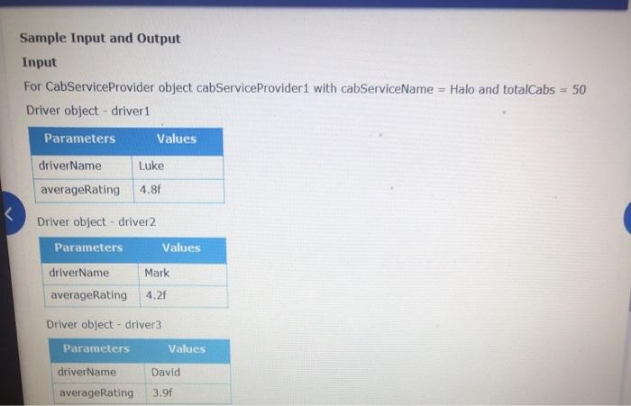 float averageRating; public Driver(String driverName, float averageRating){ this.driverName=driverName; this.averageRating=averageRating; } public String