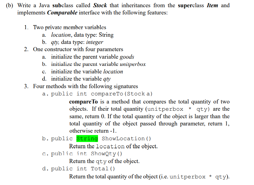 (b) Write a Java subclass called Stock that inheritances from the