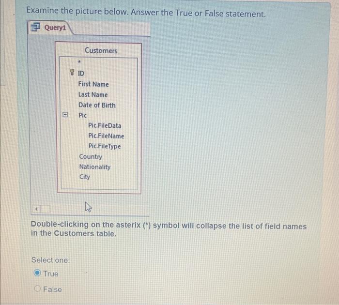  Examine the picture below. Answer the True or False statement. Query1