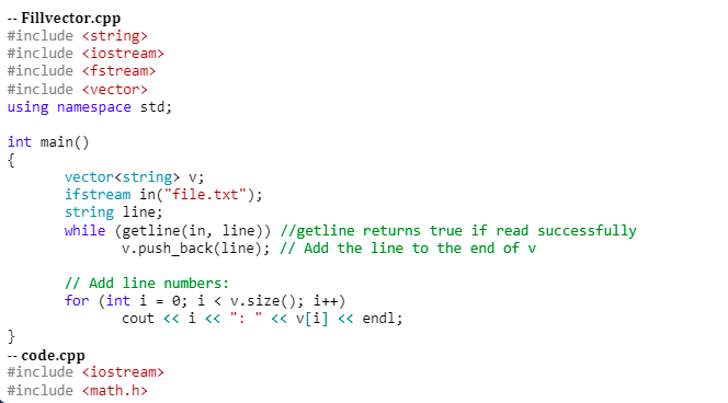 C++ Read the file named "code.cpp" (provided below). Change Fillvector.cpp so that