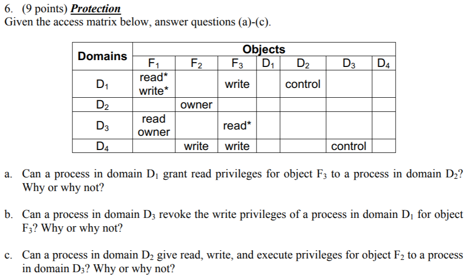  6. (9 points) Protection Given the access matrix below, answer questions
