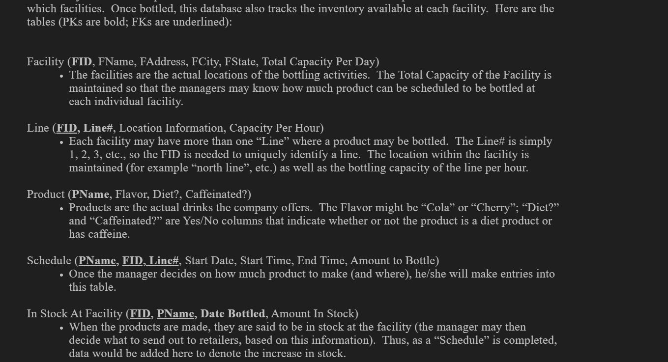 A database question. Here is the following database and question: which facilities.