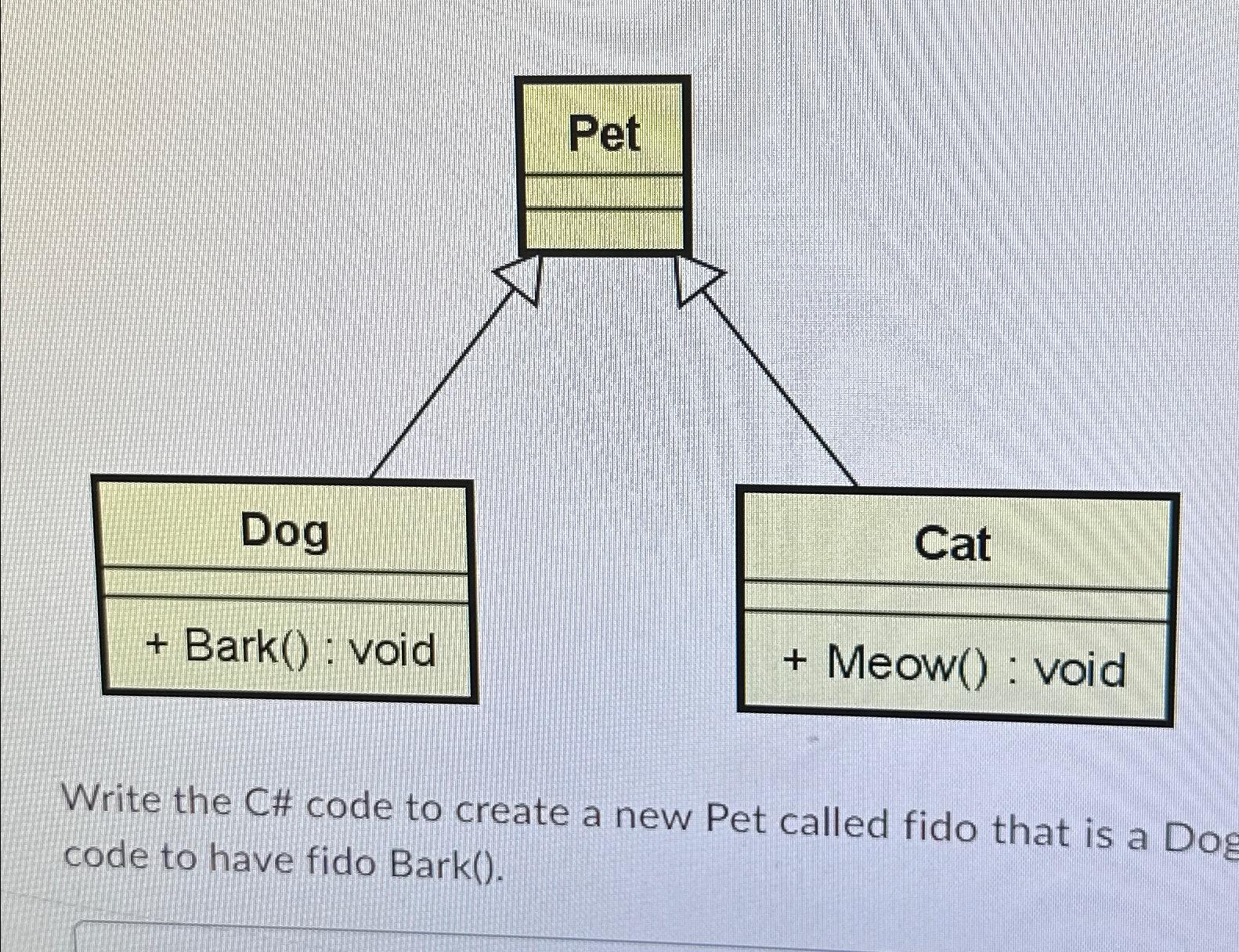  Write the C# code to create a new Pet called fido