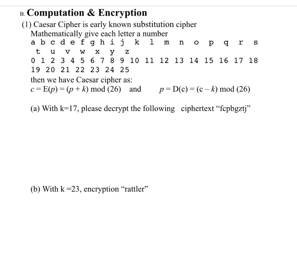  m no S B. Computation & Encryption (1) Caesar Cipher is