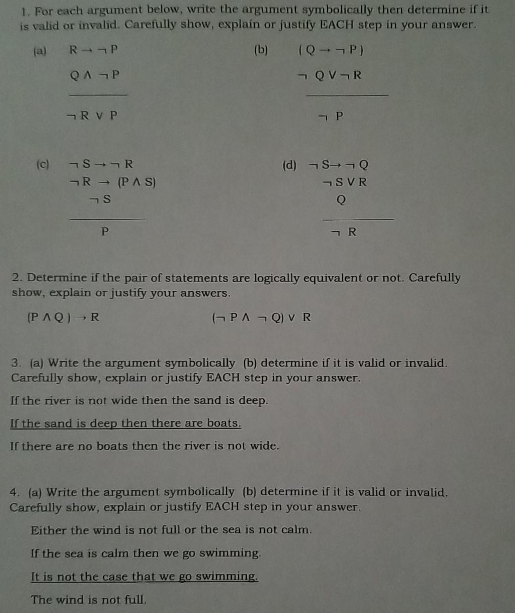  Use truth tables 1. For each argument below, write the argument