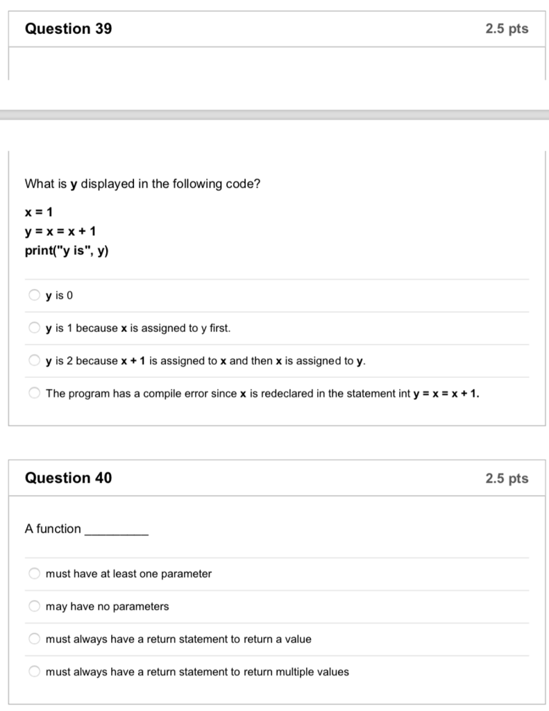 WILL UPVOTE!! Python Programming Question 39 2.5 pts What is y displayed