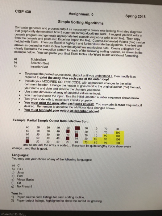  CISP 430 Assignment Simple Sorting Algorithms Spring 2018 Computer generate and