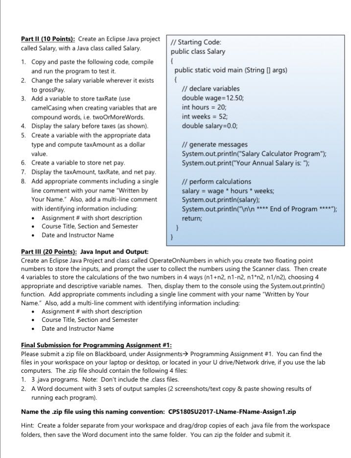  Part II (10 Points Create an Eclipse Java project Starting Code: