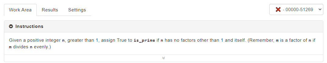  Work Area Results Settings X-00000-51269 Instructions Given a positive integer n,