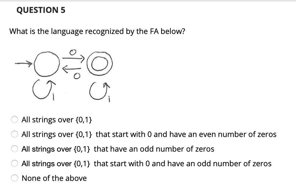  QUESTION 5 What is the language recognized by the FA below?