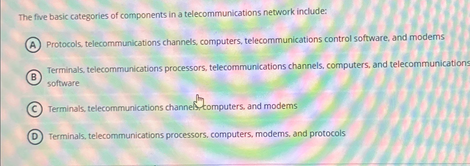  The five basic categories of components in a telecommunications network include: