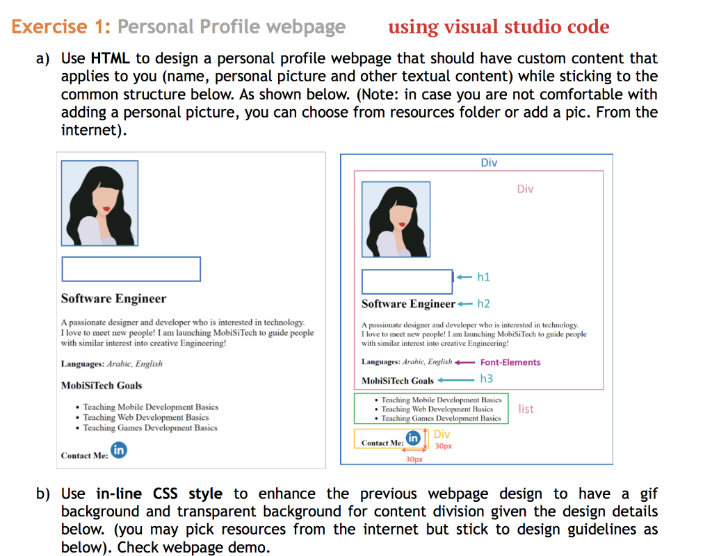 use visual studio code show all steps Exercise 1: Personal Profile webpage