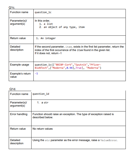 Write the following functions. Q1a. Function name question_la Parameter(s) argument(s) In this