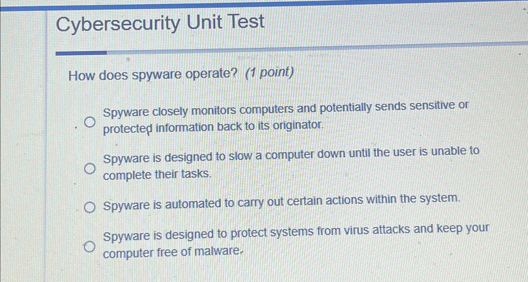  Cybersecurity Unit Test How does spyware operate? (1 point) Spyware closely
