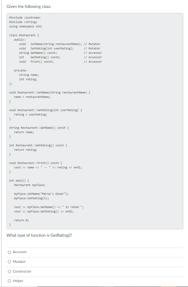  Given the following class: #include #include using namespace std; class Restaurant