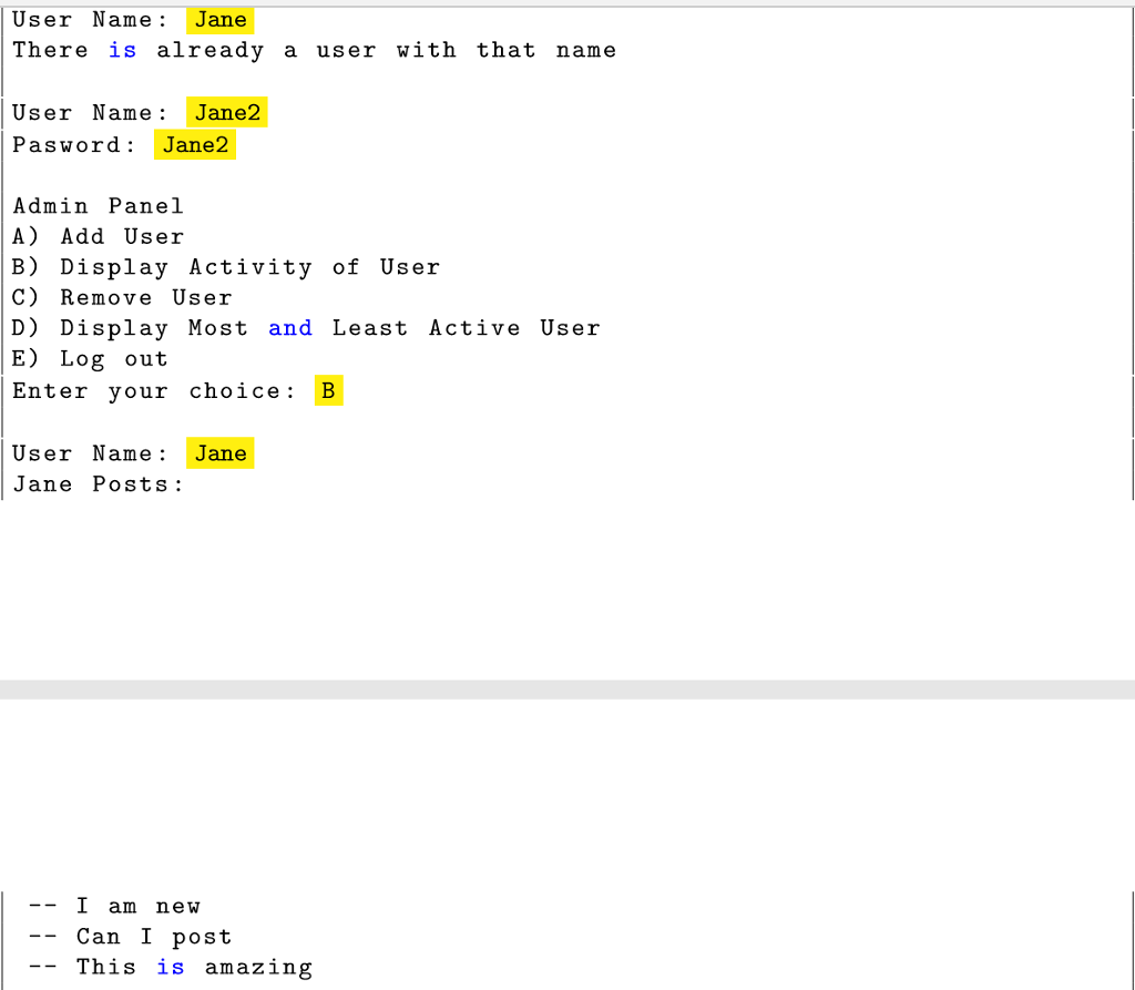 display to the user: Log-in Menu: (A) Log-in - checks for the