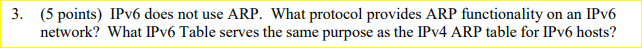  3. (5 points) IPv6 does not use ARP. What protocol provides