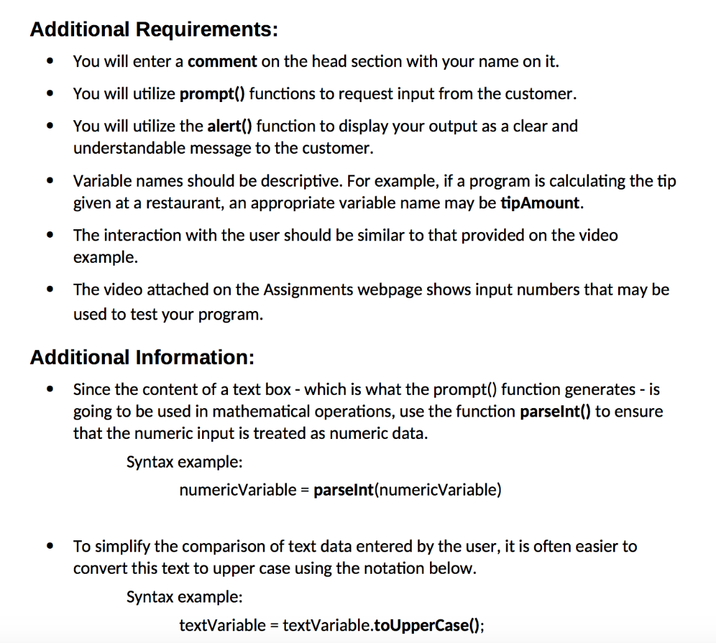 according to the requirements listed on the next page. Provide the code