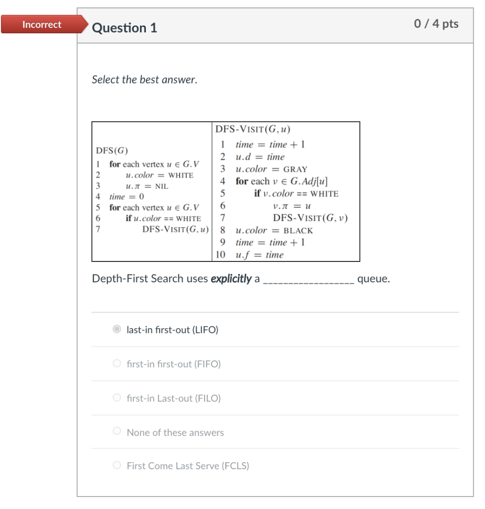 undefined Incorrect Question 1 0 / 4 pts Select the best answer.