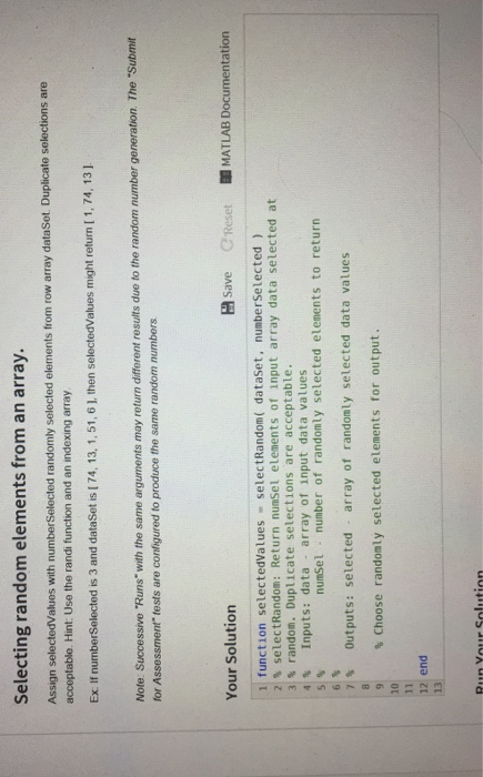  Answer should be in matlab code please Assign selectedValues with numberSelected
