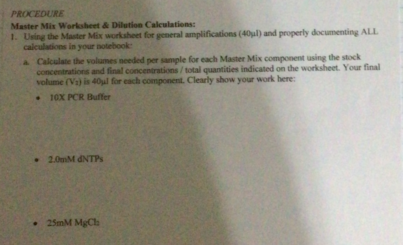 PROCEDURE\ Master Mix Worksheet & Difution Calculations:\ Using the Master Mix