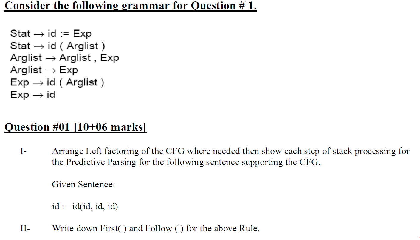Subject: Compiler Construction Program: Computer Science Consider the following grammar for Question