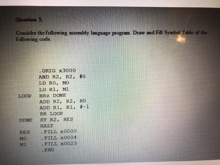  Question 3. Consider the following assembly language program. Draw and Fill