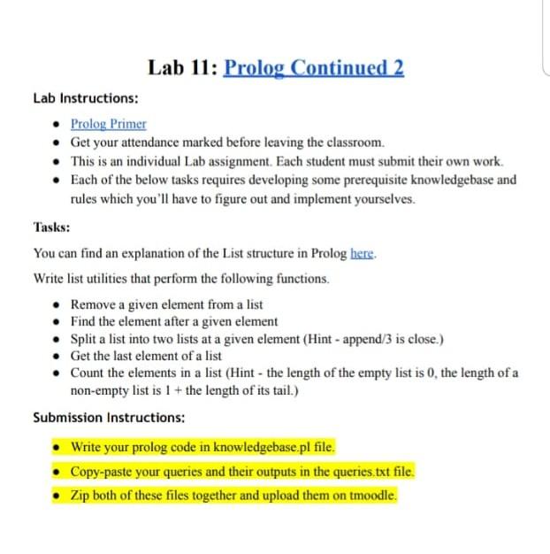  Lab 11: Prolog Continued 2 Lab Instructions: Prolog Primer Get your