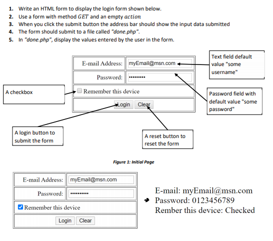  1. Write an HTML form to display the login form shown