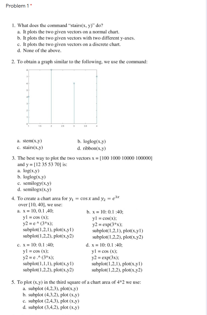 Problem 1* 1. What does the command "stairs(x, y) do? a.