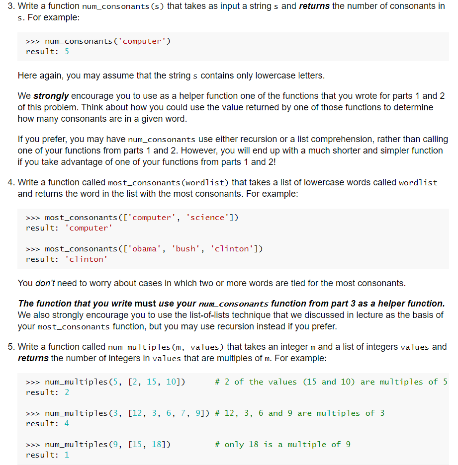  3. Write a function num_consonants (s) that takes as input a