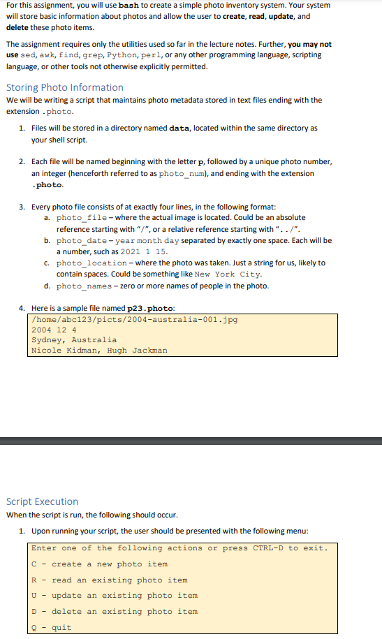  For this assignment, you will use bash to create a simple