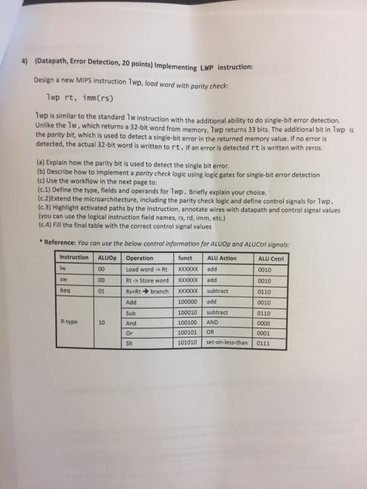  4) (Datapath, Error Detection, 20 points) Implementing LWP instruction: Design a