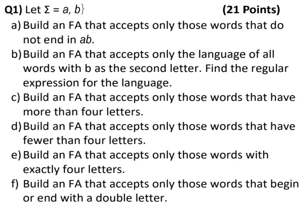  Q1) Let =a,b (21 Points) a) Build an FA that accepts