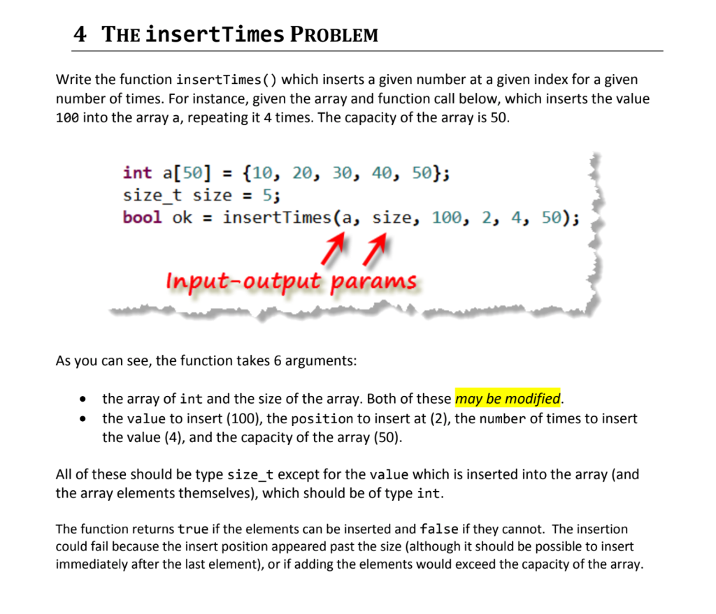 Write a function insertTimes() We are currently working on Arrays and Algorithms