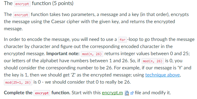 Please do in MATLAB Use this cipher, The encrypt function (5 points)