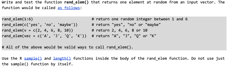 Write and test the function rand_elem() that returns one element at