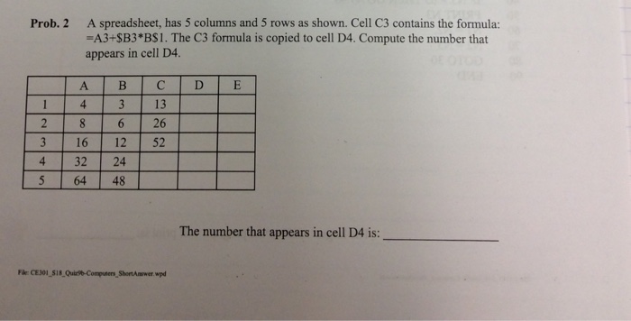  A spreadsheet, has 5 columns and 5 rows as shown. Cell