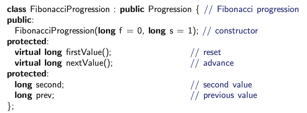 that were called class GeomProgression public Progression { // geometric progression public: