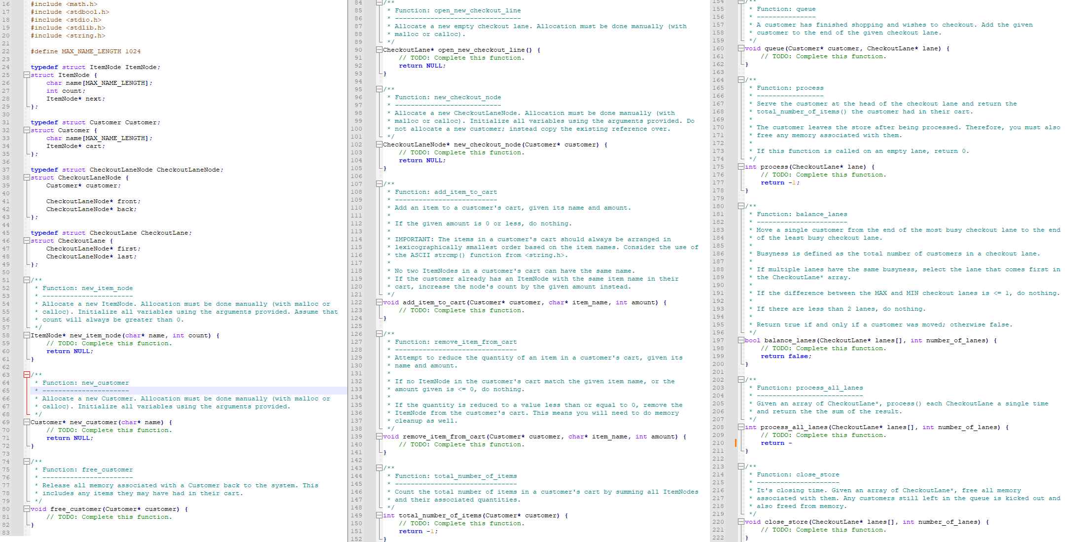  Complete all "TODO" functions. Code is written in C. Function description