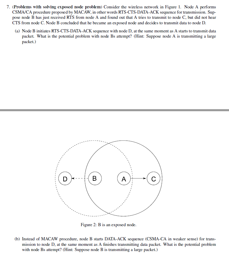 [Computer Network Course] 7. (Problems with solving exposed node problem) Consider the
