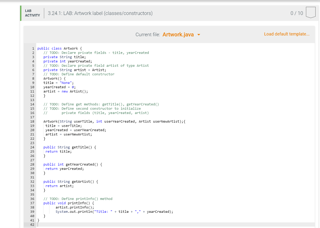 LAB: Artwork label (classes/constructors) Given main, define the Artist class in file