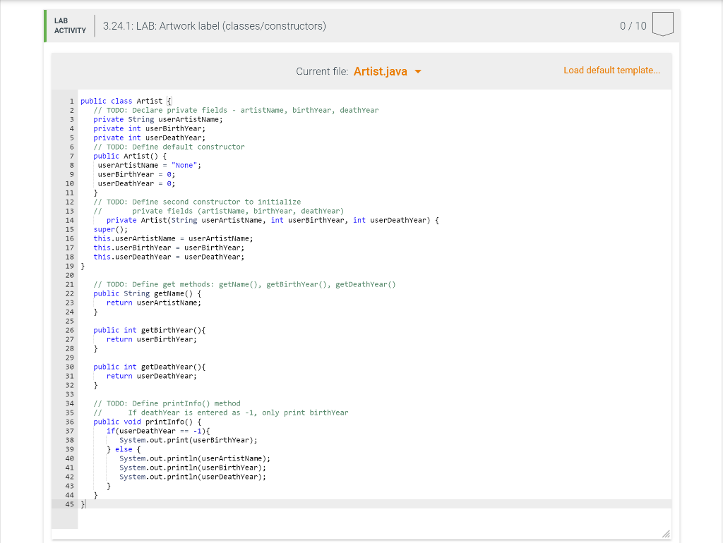 Artist.java) with constructors to initialize an artist's information, get methods, and a
