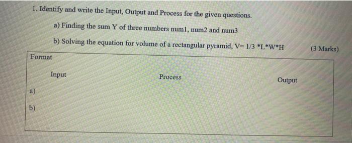 1. Identify and write the Input, Output and Process for the