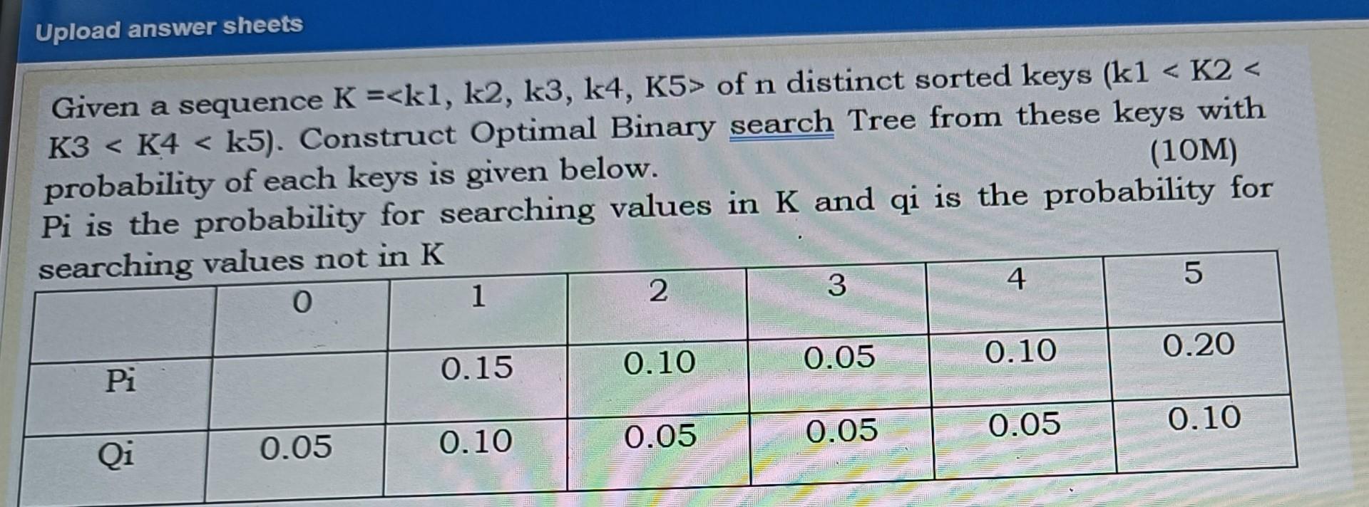  Upload answer sheets Given a sequence K = of n distinct