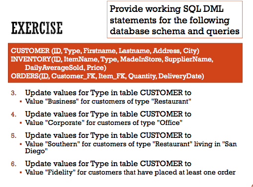 DML statements for the following database schema and queries EXERCISE CUSTOMER ,