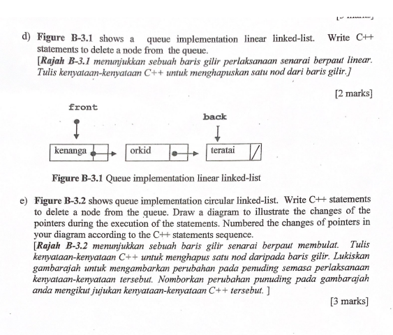  d) Figure B-3.1 shows a queue implementation lincar linked-list. Write C++