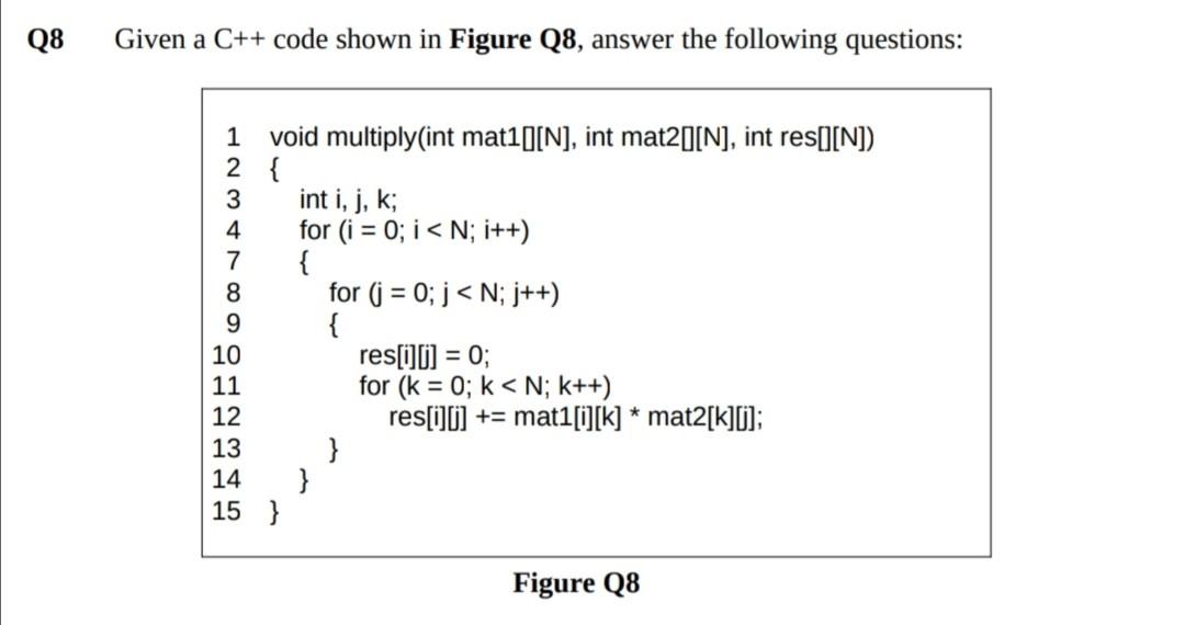  Q8 Given a C++ code shown in Figure Q8, answer the